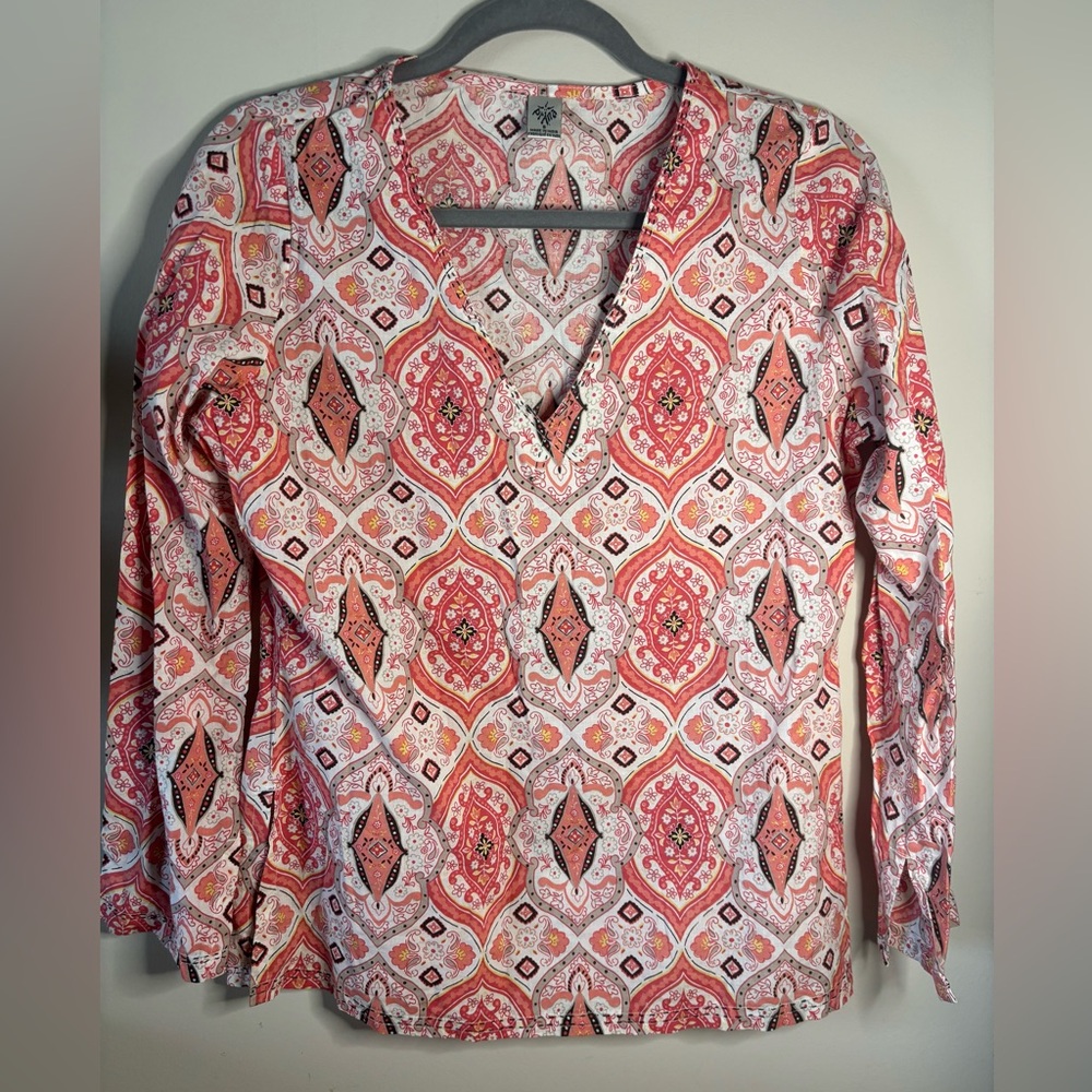 Prana Pink and White Asymmetrical Graphic Blouse size S